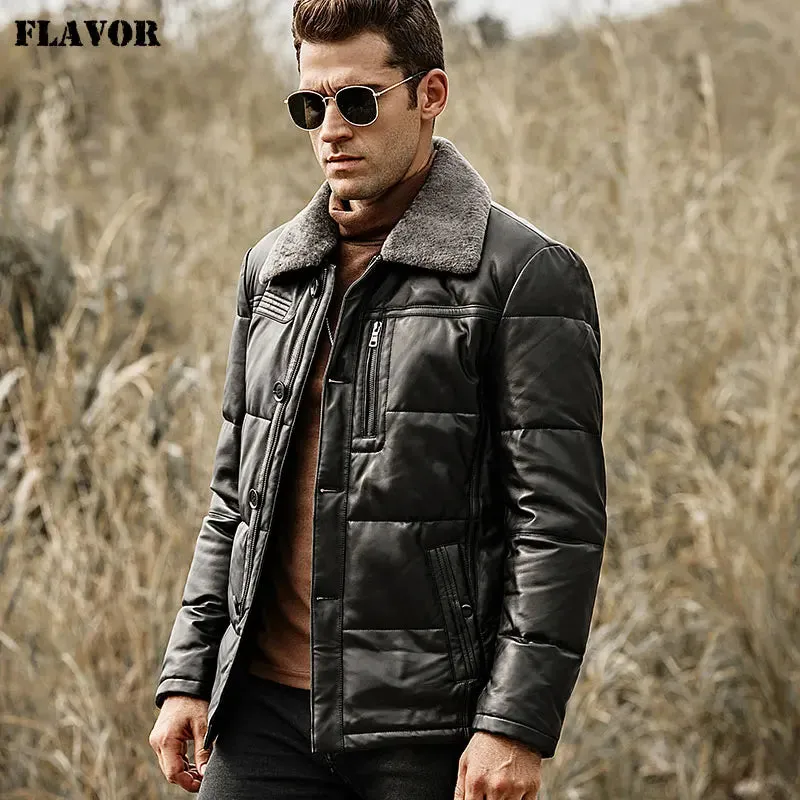 Men's Leather Jacket with Removable Sheep Fur Collar