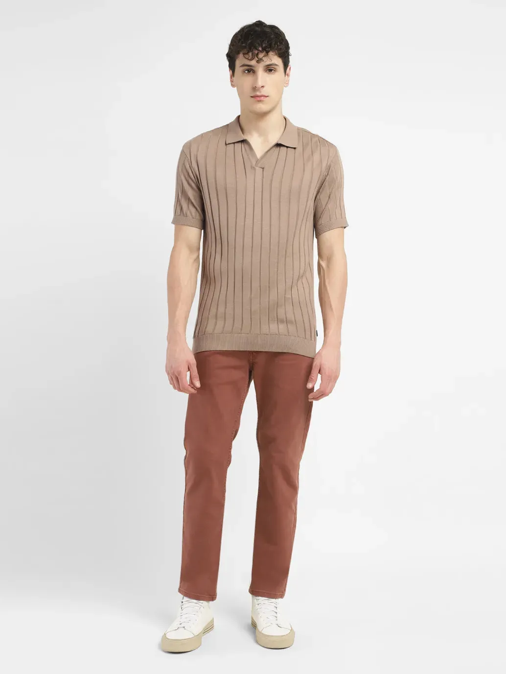 Men's Striped Khaki Polo Collar Sweater