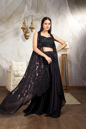 Midnight Black Embellished German Silk Cape Set