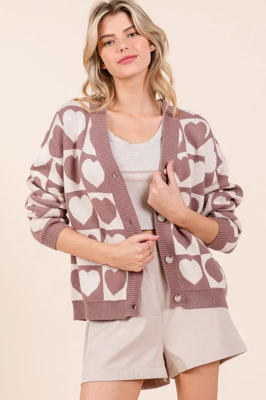 Mocha Checkered Heart Print Knit Sweater Cardigan