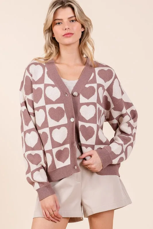 Mocha Checkered Heart Print Knit Sweater Cardigan