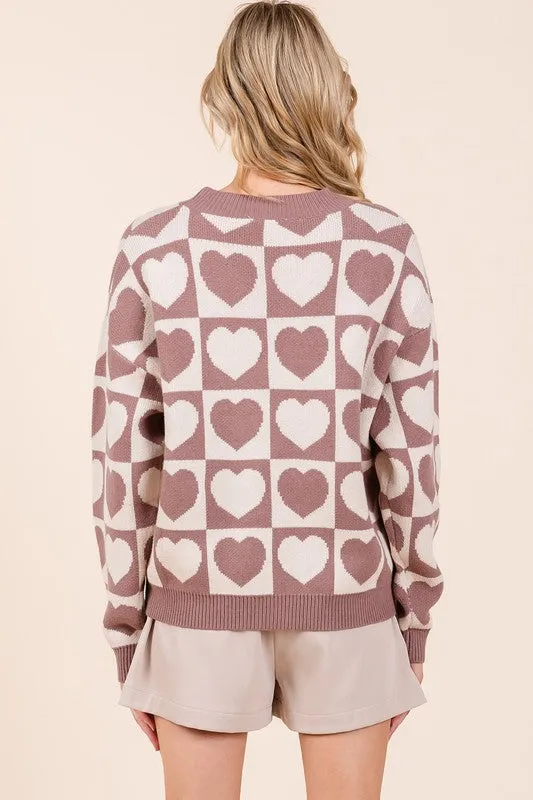 Mocha Checkered Heart Print Knit Sweater Cardigan