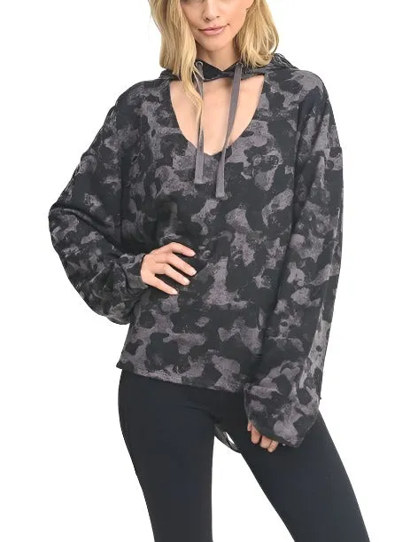 Mono B Camo Print Laser Distressed Hoodie KT10821