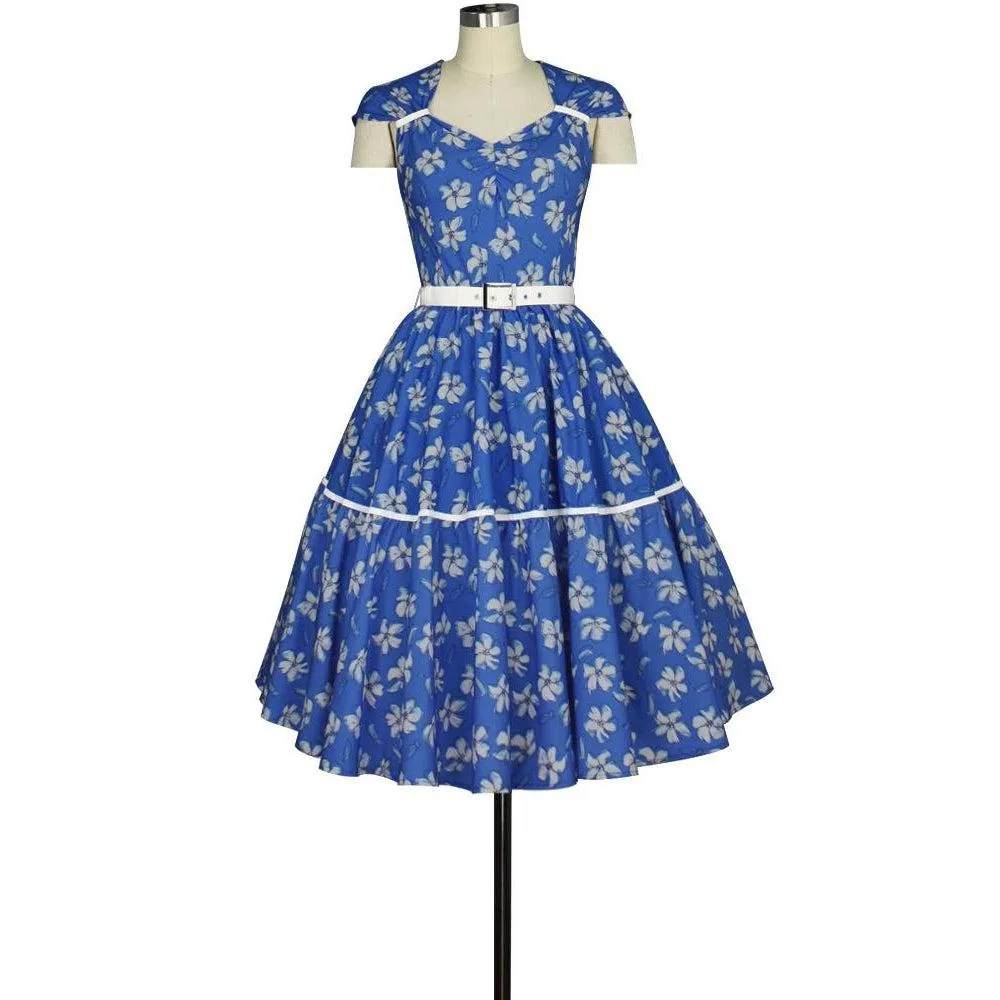 Olivia Swing Dress in Blue and White Floral Print