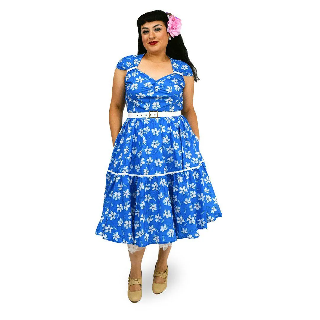 Olivia Swing Dress in Blue and White Floral Print