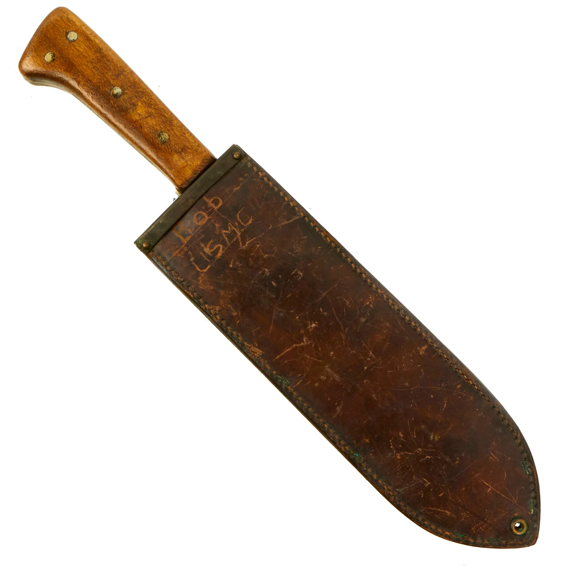 Original U.S. WWII USMC Bolo Knife by Chatillon, N.Y. with BOYT 1942 Scabbard With Locations Etched into the Back like Guadalcanal, Saipan and Peleliu