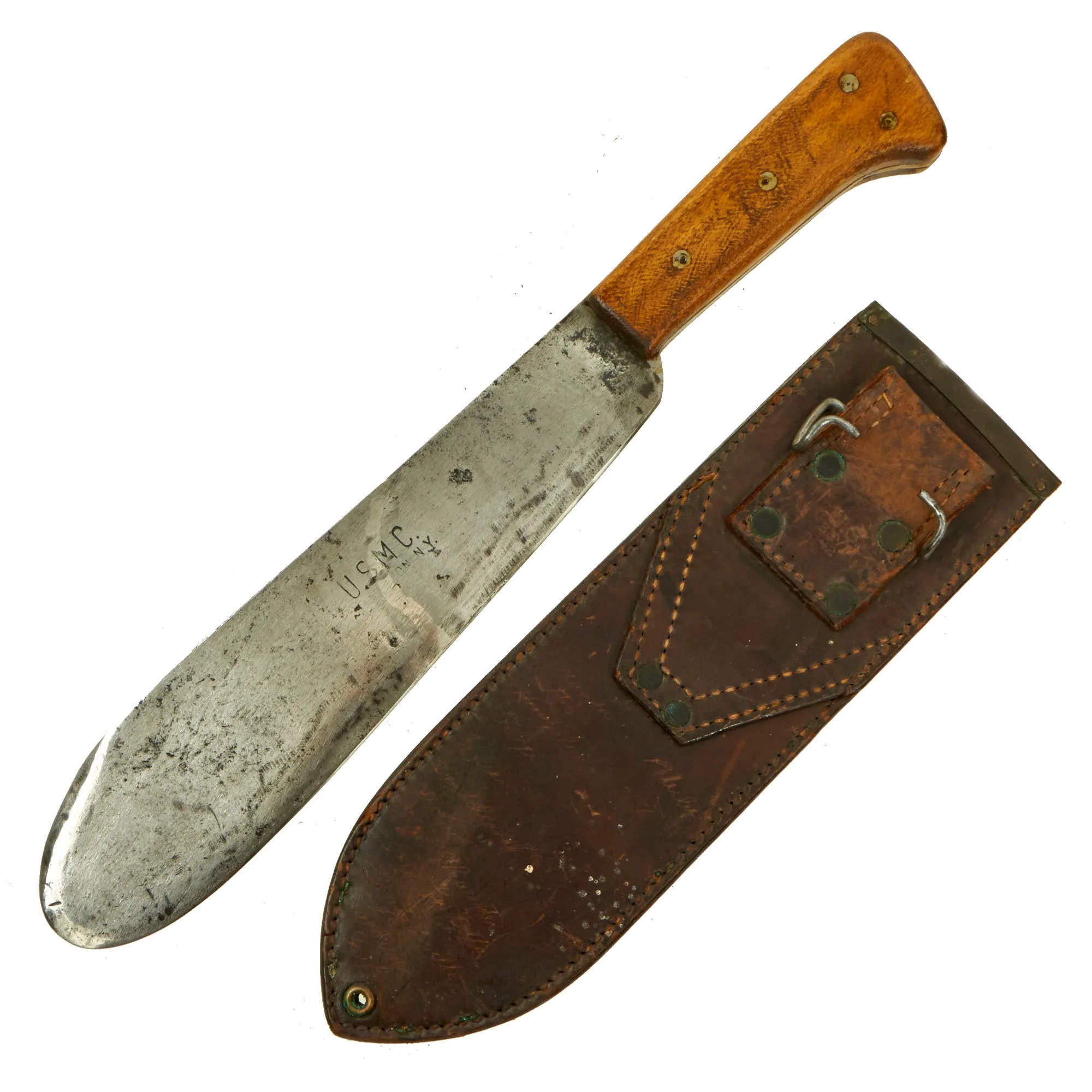 Original U.S. WWII USMC Bolo Knife by Chatillon, N.Y. with BOYT 1942 Scabbard With Locations Etched into the Back like Guadalcanal, Saipan and Peleliu