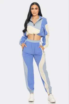 Outfit Set New Women's Fashion Blue Color block Tracksuit Cropped Jacket and Sweatpants