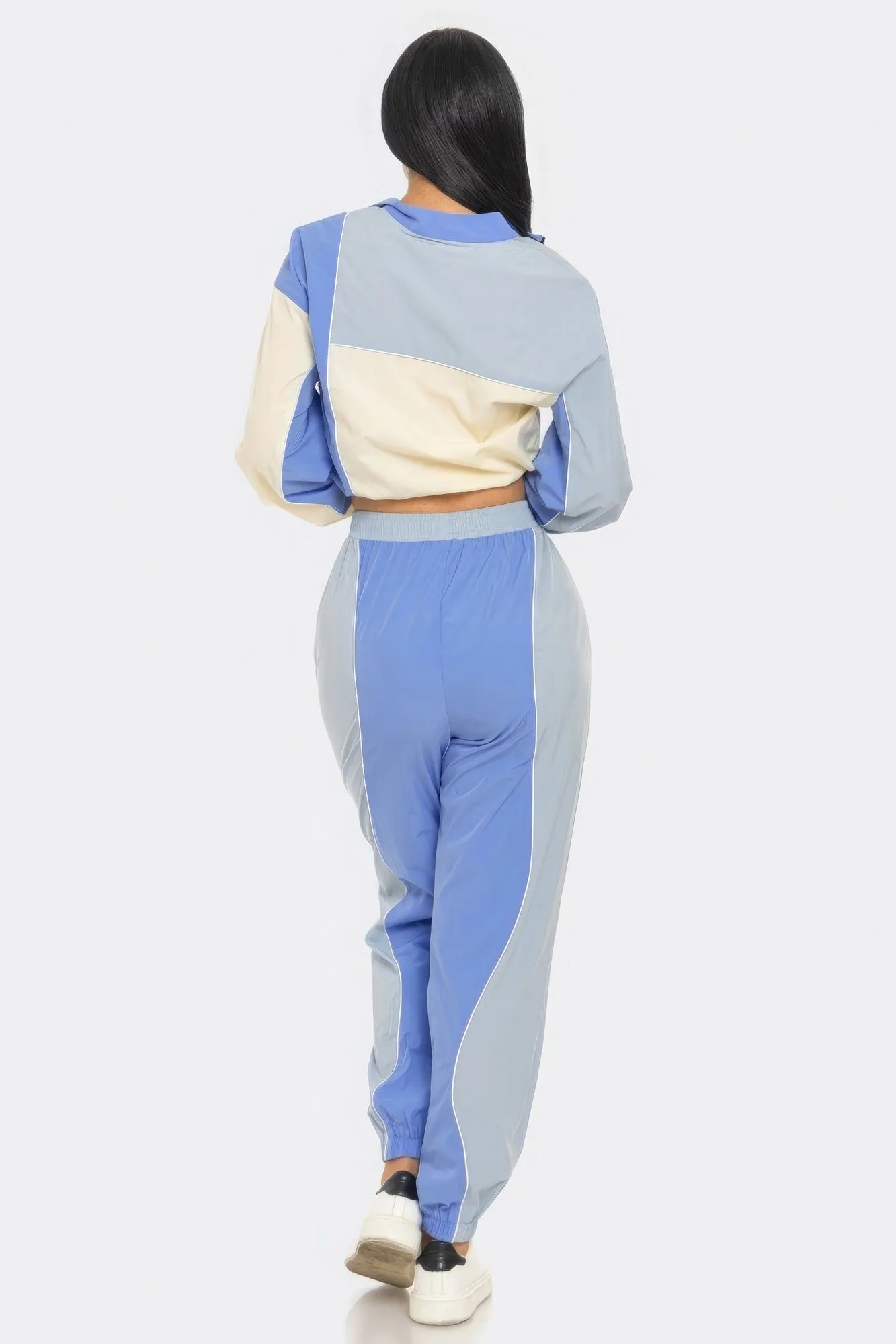 Outfit Set New Women's Fashion Blue Color block Tracksuit Cropped Jacket and Sweatpants