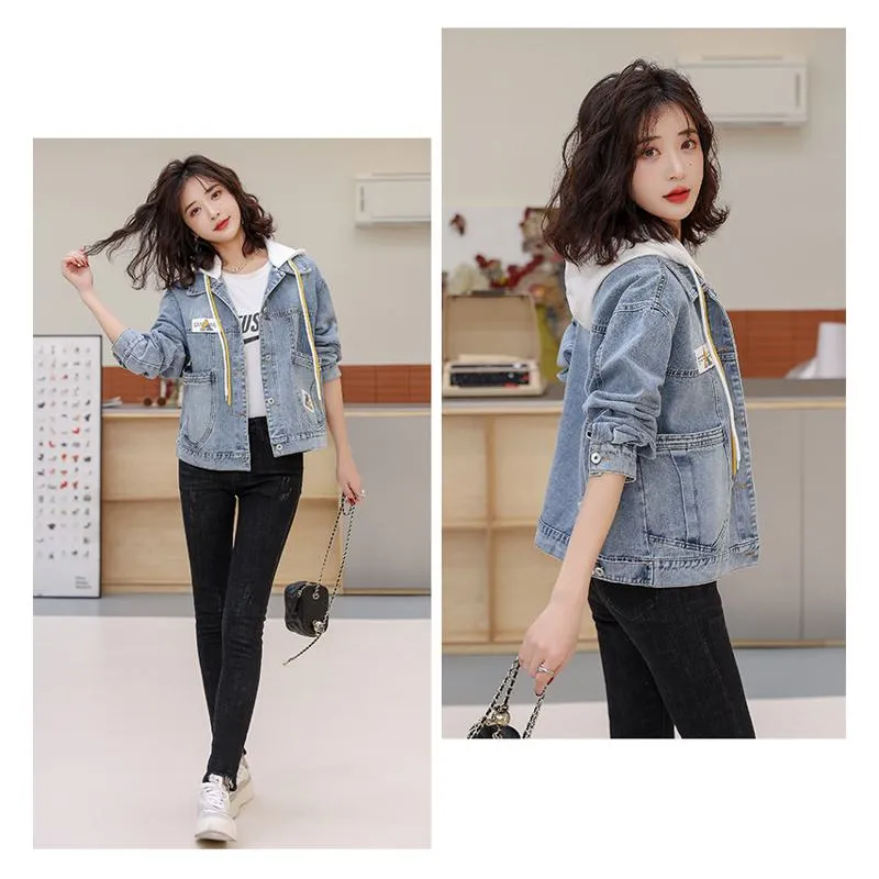 Patchwork Cropped Loose Fit Hooded Denim Coat