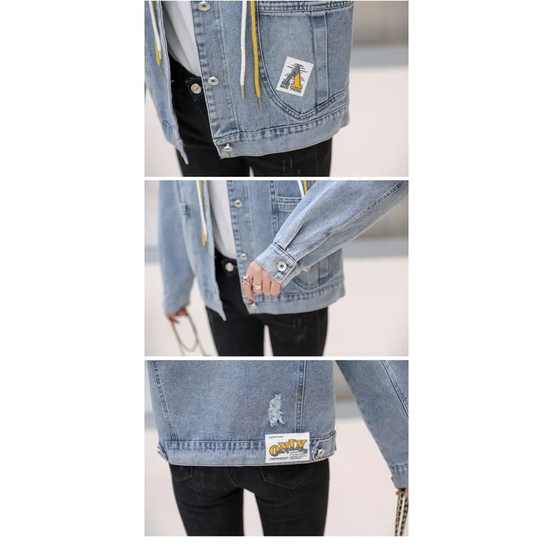 Patchwork Cropped Loose Fit Hooded Denim Coat