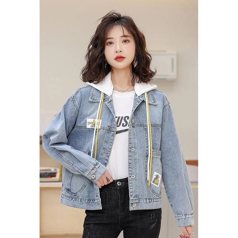 Patchwork Cropped Loose Fit Hooded Denim Coat