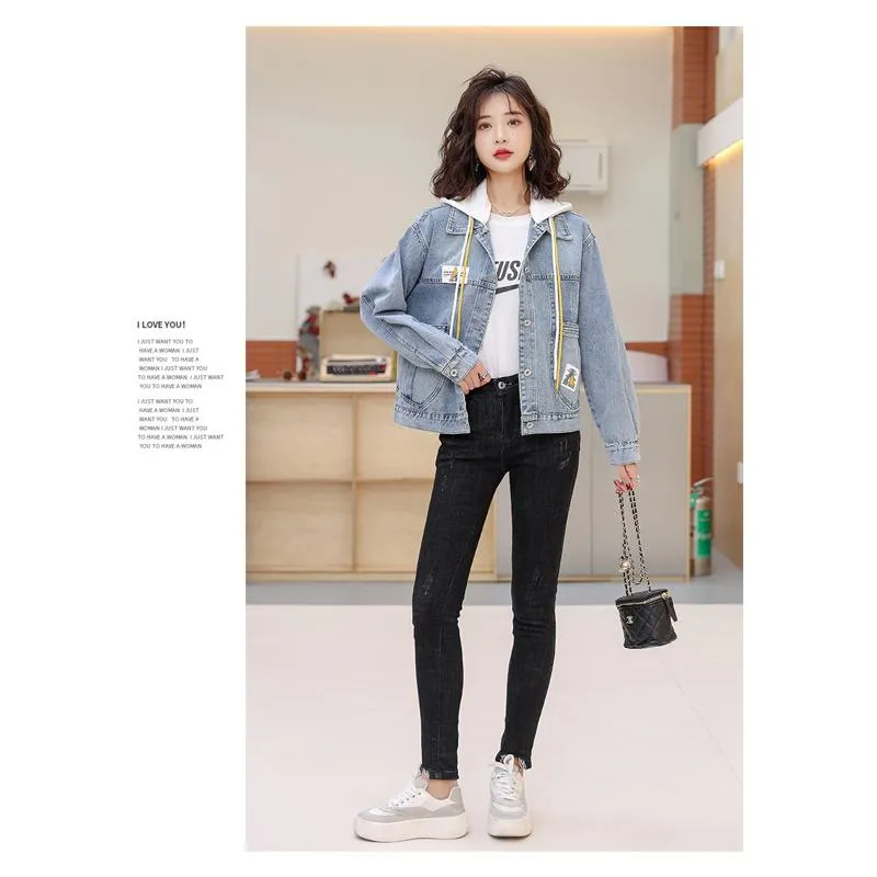 Patchwork Cropped Loose Fit Hooded Denim Coat