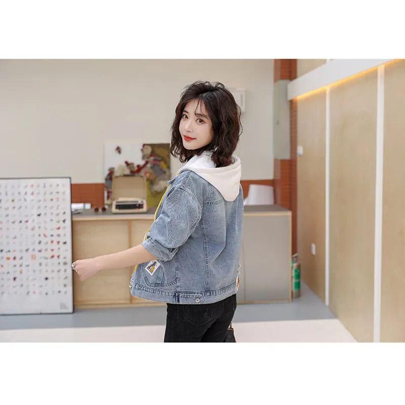 Patchwork Cropped Loose Fit Hooded Denim Coat