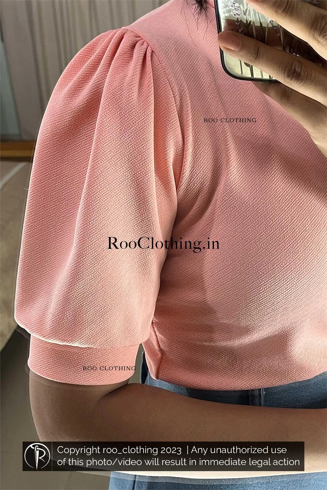 Peachish Pink Crew Neck Puff Sleeves Top Only