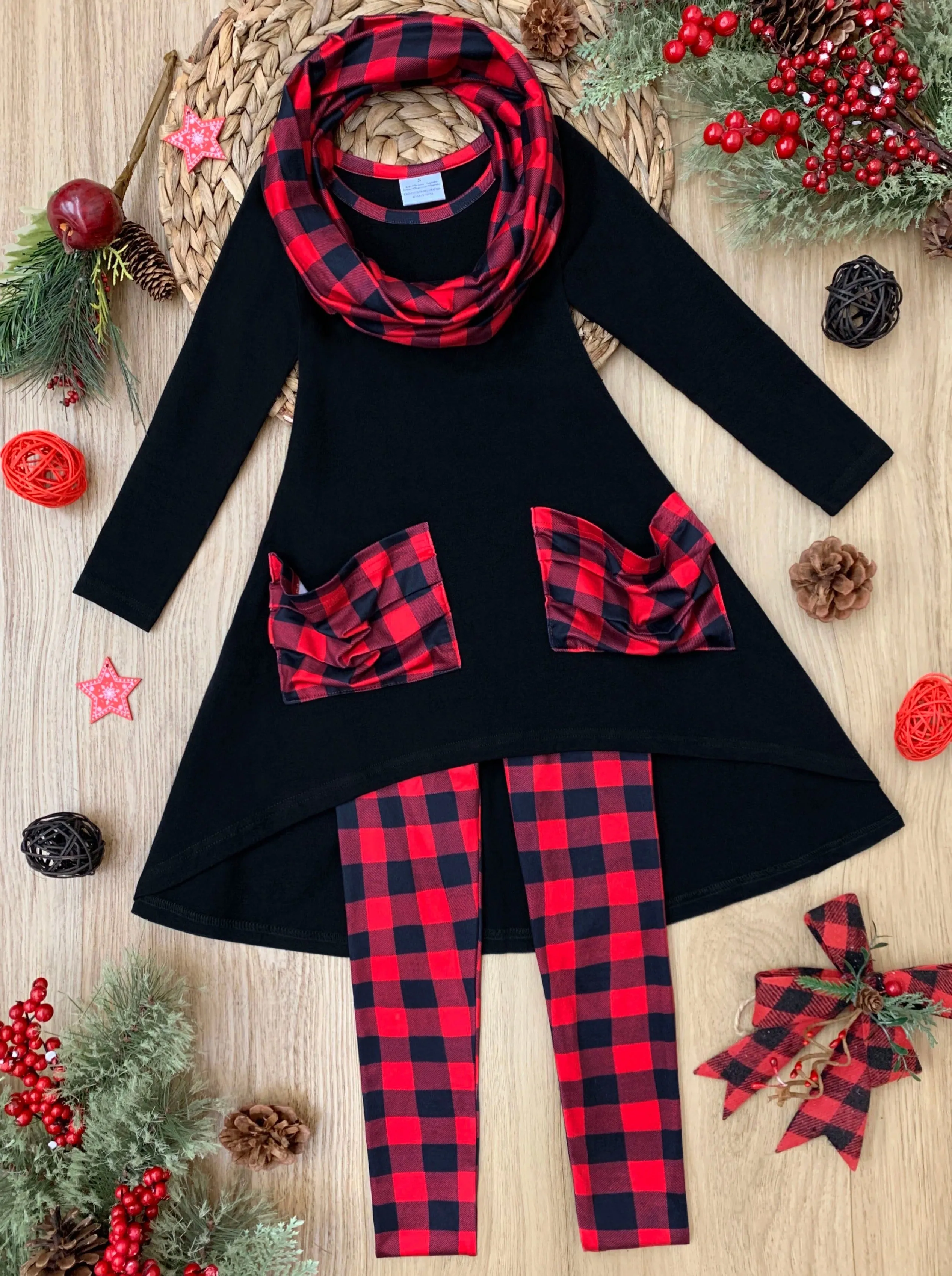 Pretty Plaid Slouch Pocket Tunic, Leggings And Scarf Set