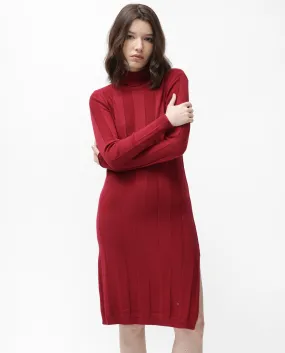 Rareism Women Knitka Red  Full Sleeves Knee Length Regular Fit Striped Turtle Neck Sweater