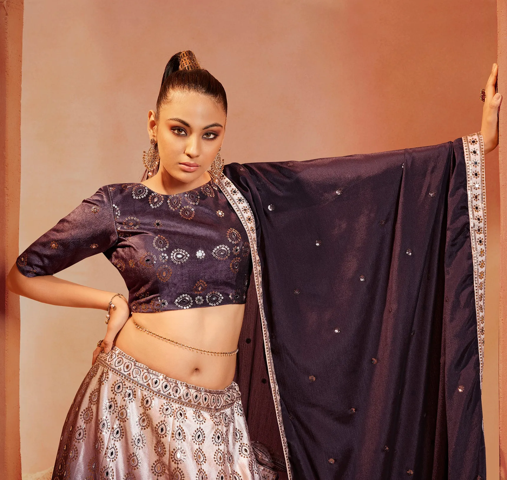 Ravishing Purple Color Mirror & Sequence Work Velvet Lehenga Choli