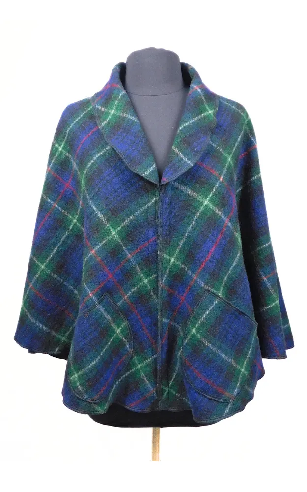 Recycled Yarn Wool Tartan Cape Jacket - McKenzie Tartan - Design Studio - Size L-2XL