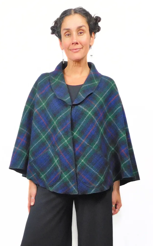 Recycled Yarn Wool Tartan Cape Jacket - McKenzie Tartan - Design Studio - Size L-2XL