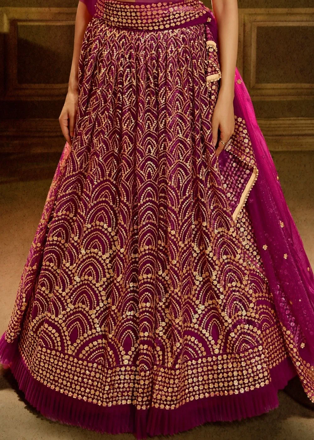 Red Violet Soft Net Designer Lehenga Choli with overall Sequins work