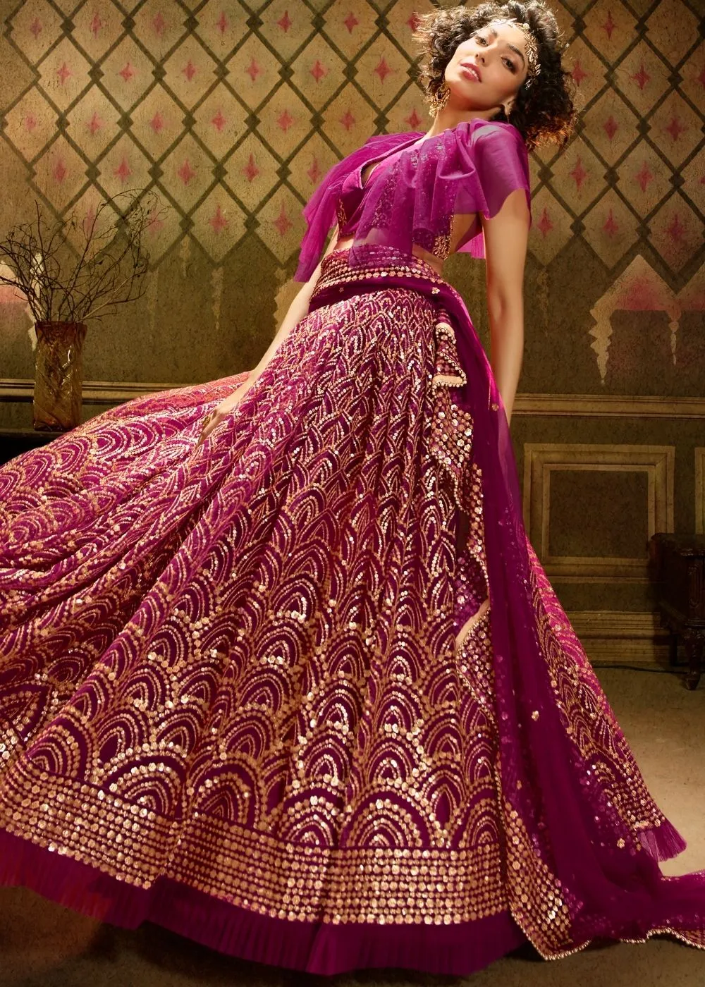 Red Violet Soft Net Designer Lehenga Choli with overall Sequins work