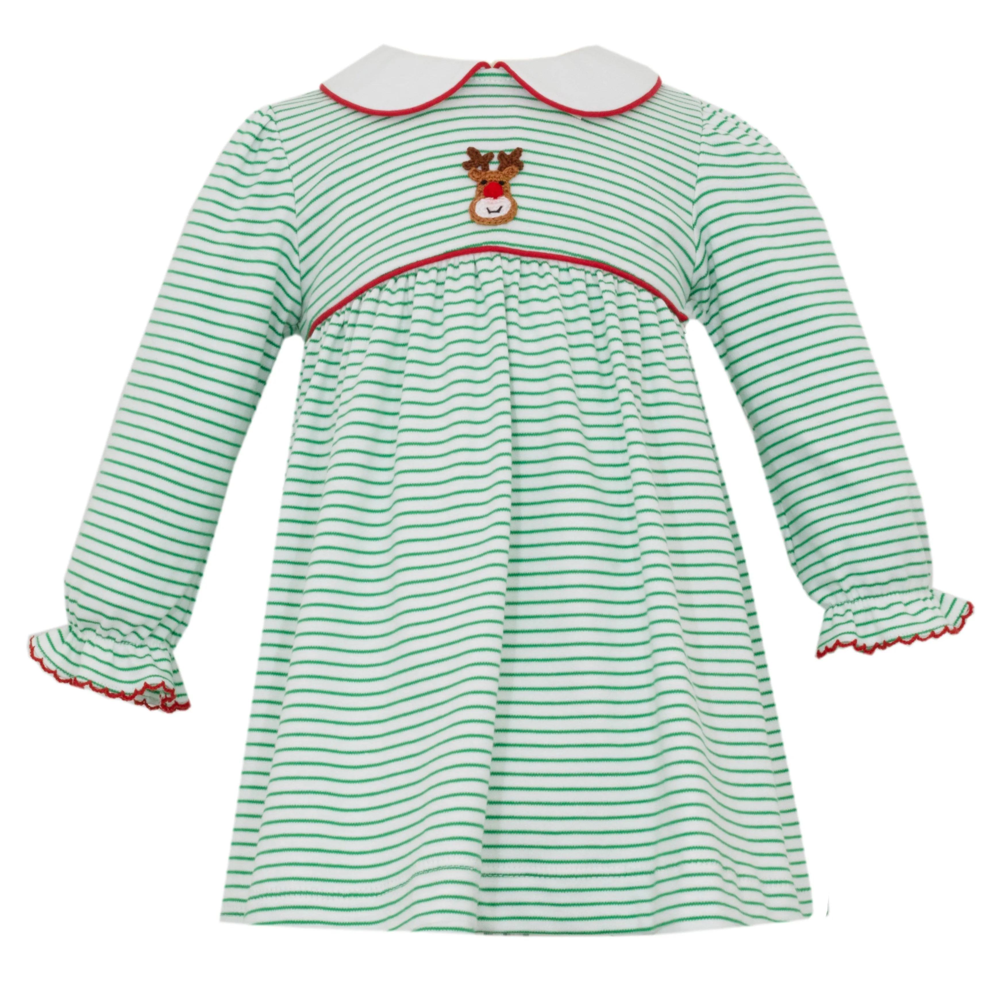 Reindeer Face Knit Dress- Green Stripe