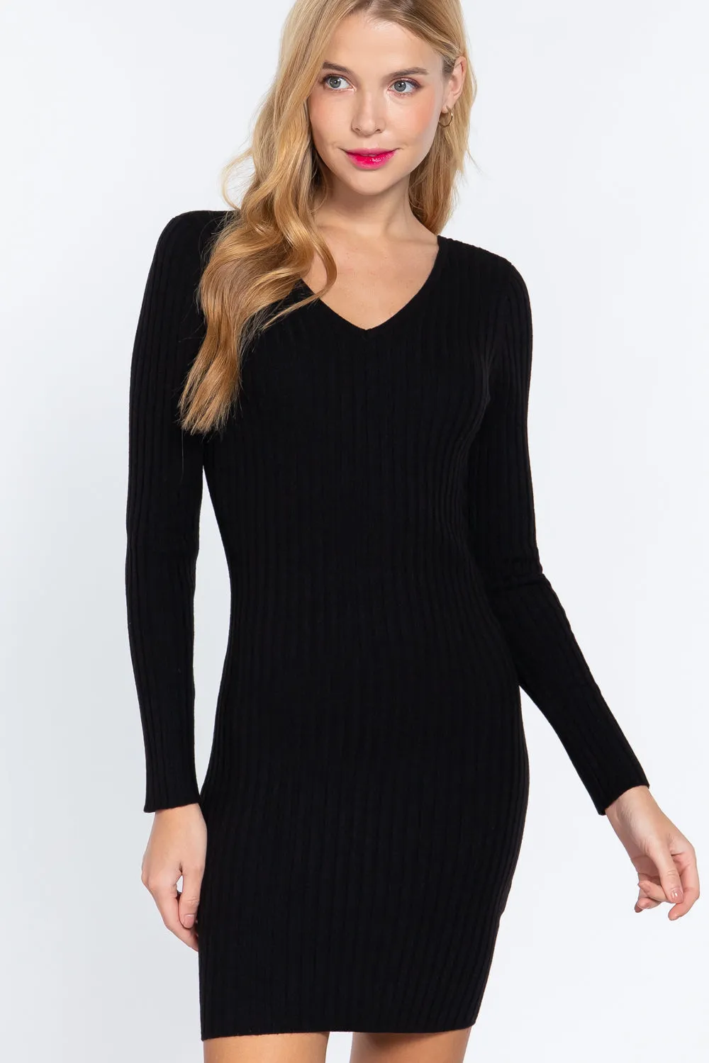 Rib Knit Long Sleeve Fitted Sweater Dress