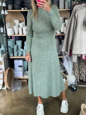 Ribbed Knit Long Sleeve Midi Dress Agave Green