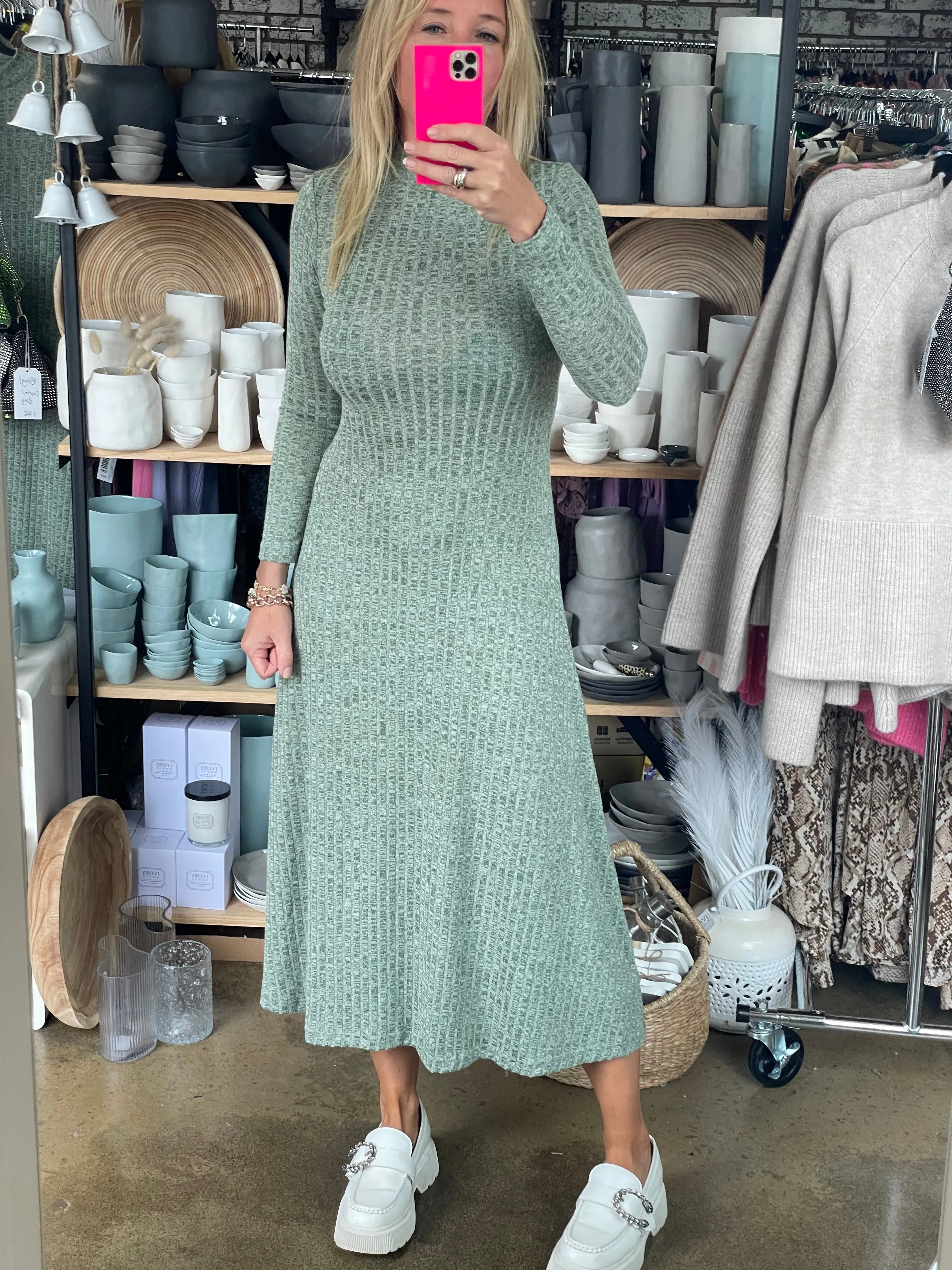 Ribbed Knit Long Sleeve Midi Dress Agave Green