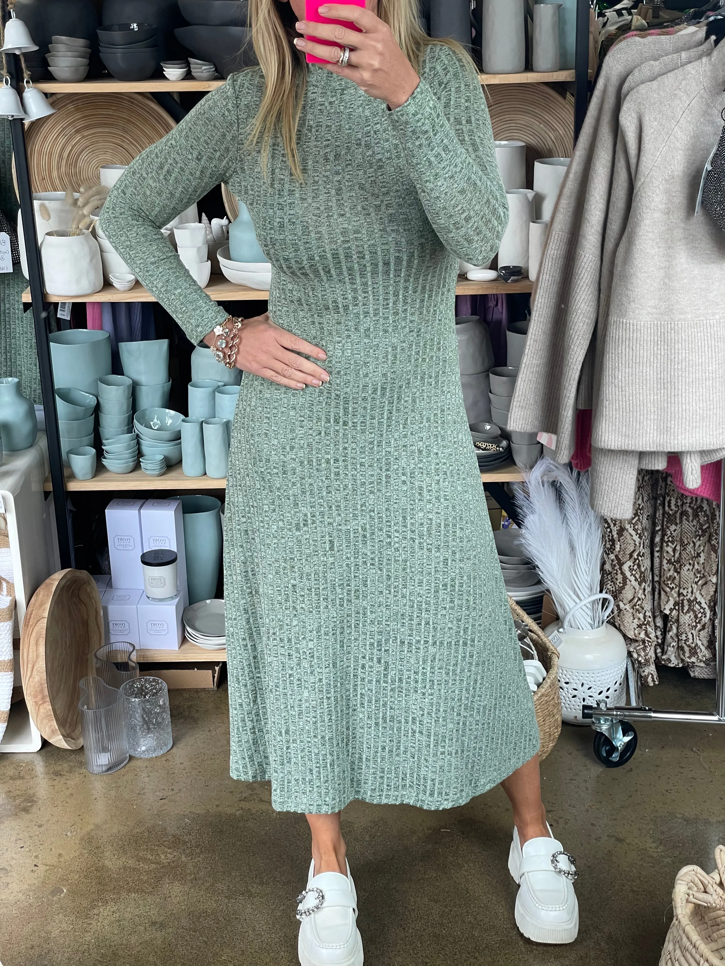 Ribbed Knit Long Sleeve Midi Dress Agave Green