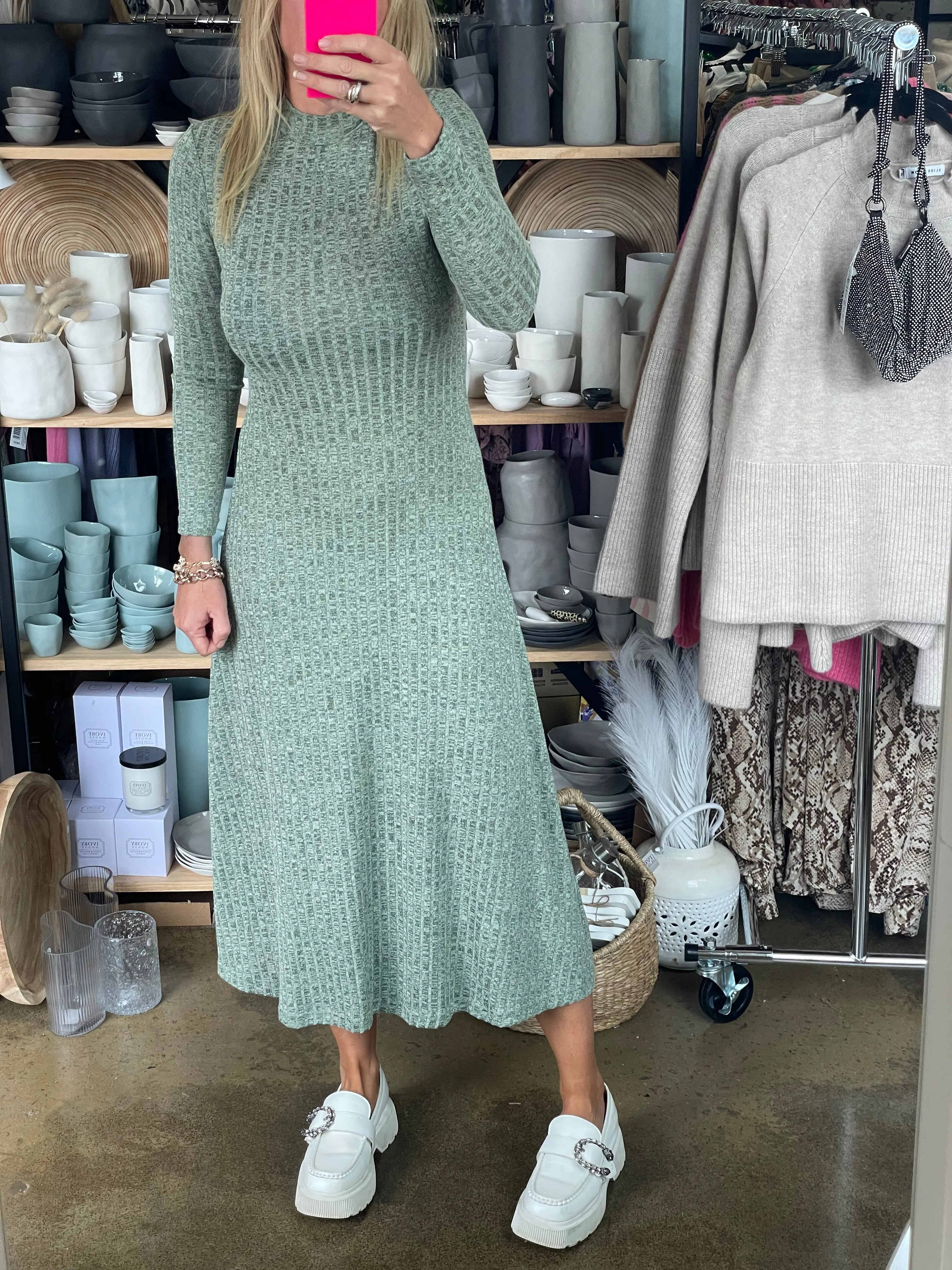 Ribbed Knit Long Sleeve Midi Dress Agave Green