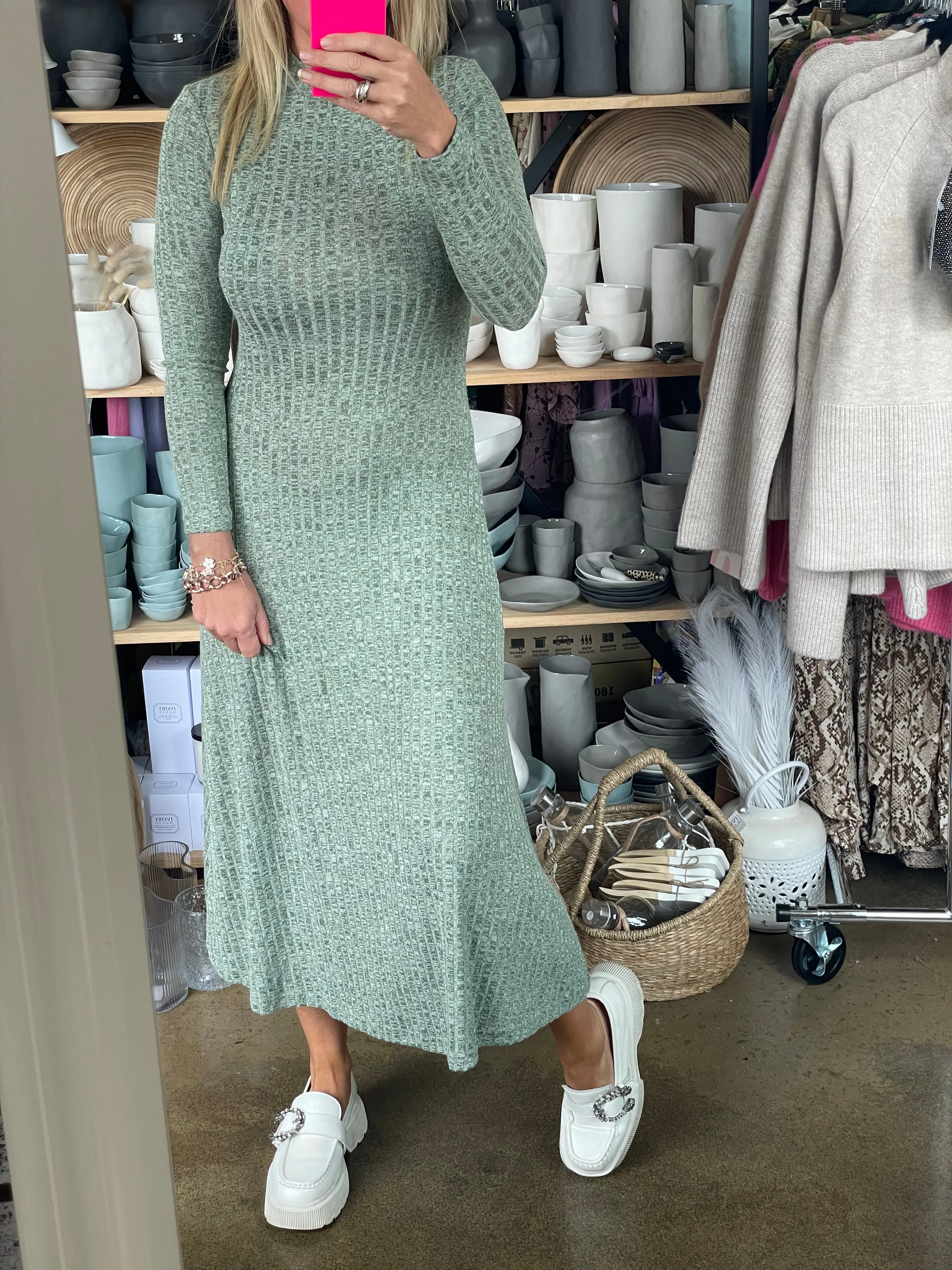 Ribbed Knit Long Sleeve Midi Dress Agave Green