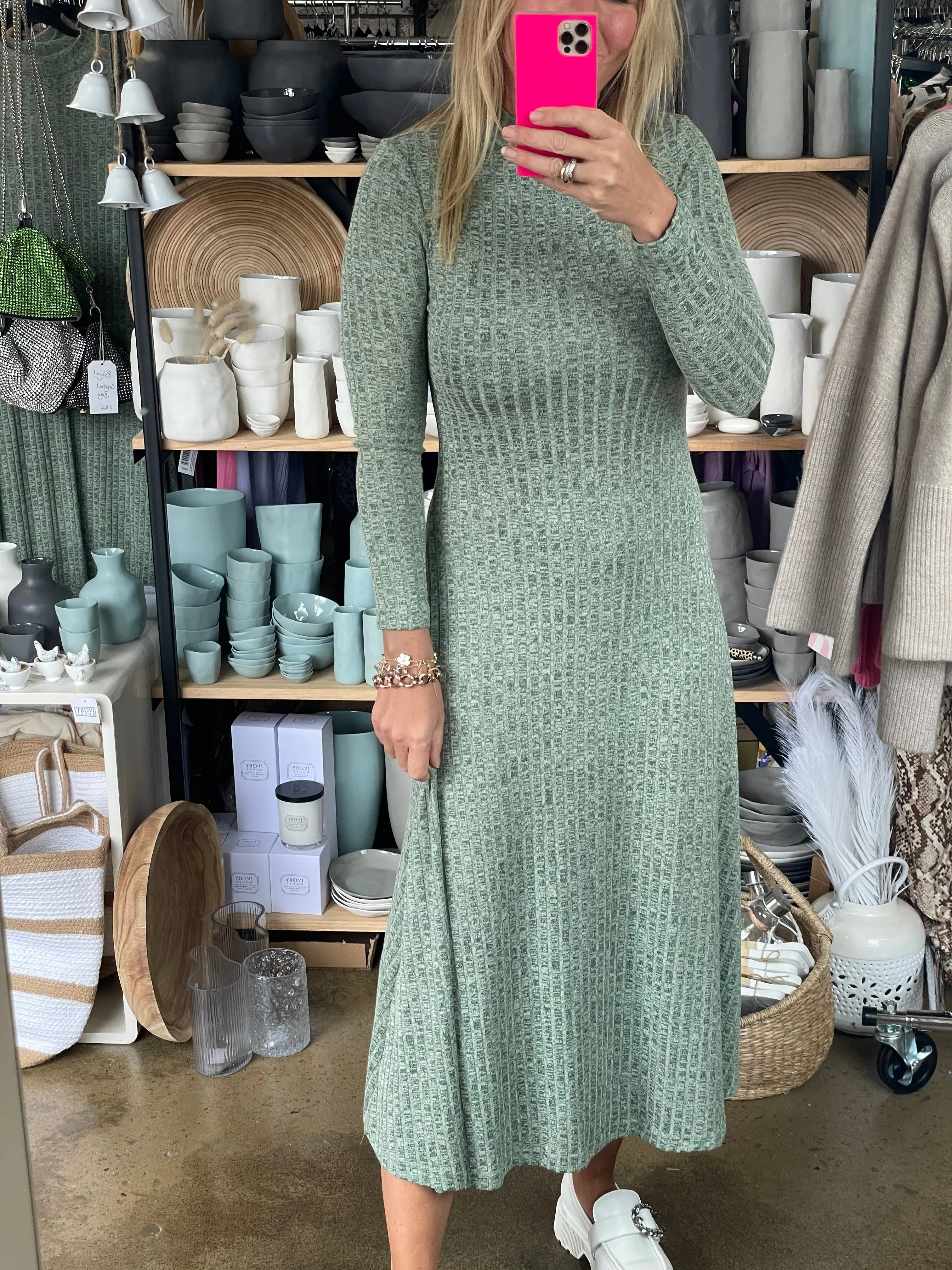 Ribbed Knit Long Sleeve Midi Dress Agave Green