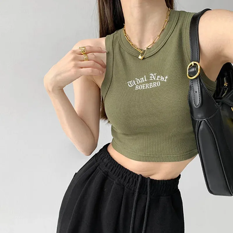 Ribbed Knitted Embroidered Letter Crop Top