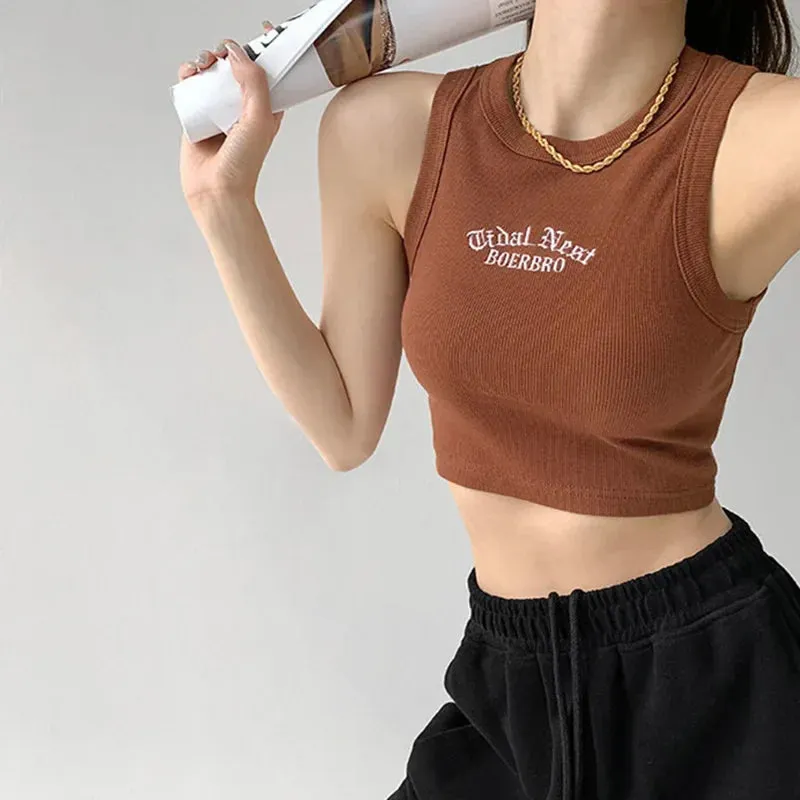 Ribbed Knitted Embroidered Letter Crop Top