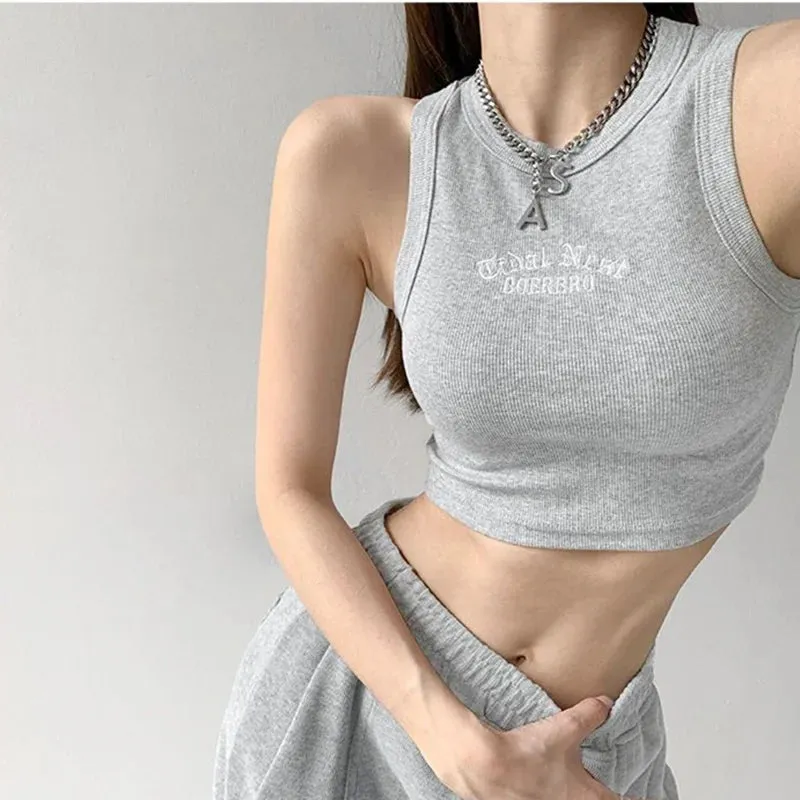 Ribbed Knitted Embroidered Letter Crop Top