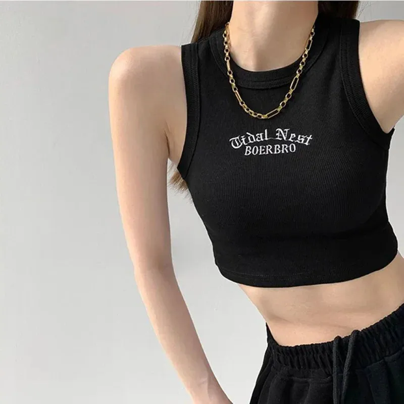 Ribbed Knitted Embroidered Letter Crop Top