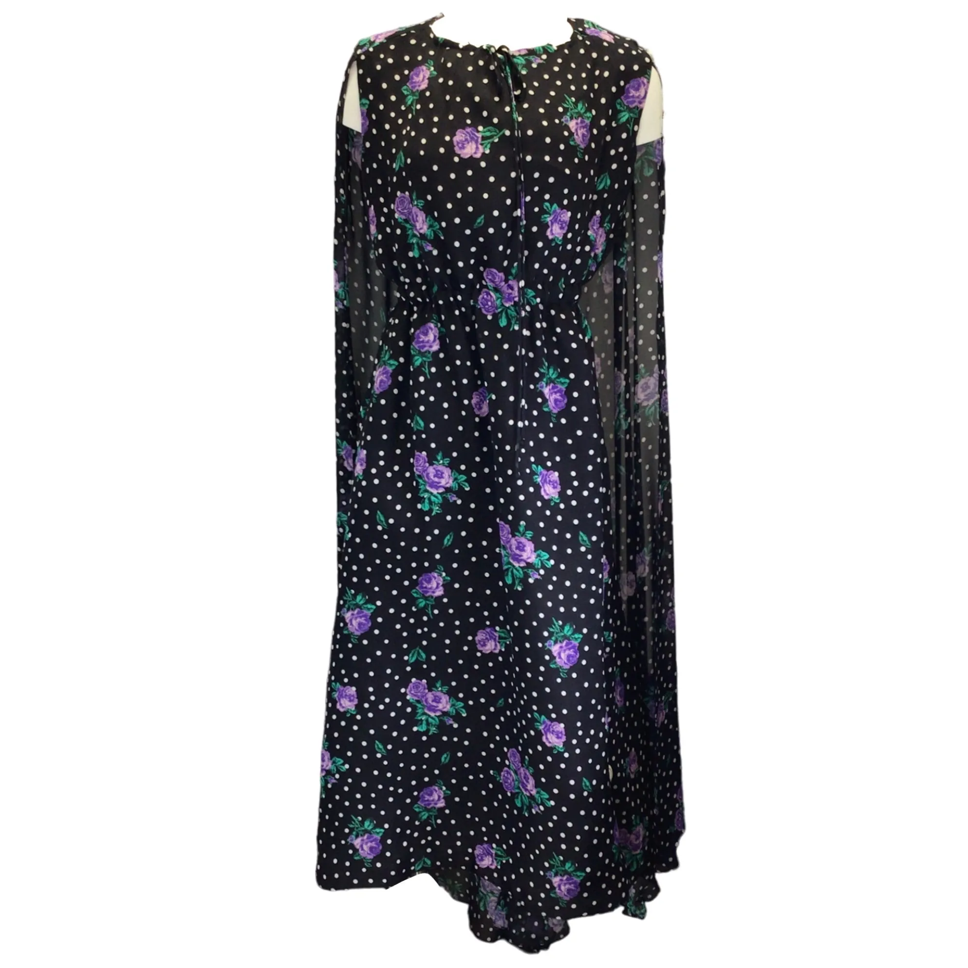 Richard Quinn Black Multi Floral Polka Dot Print Cape Detail Silk Maxi Dress