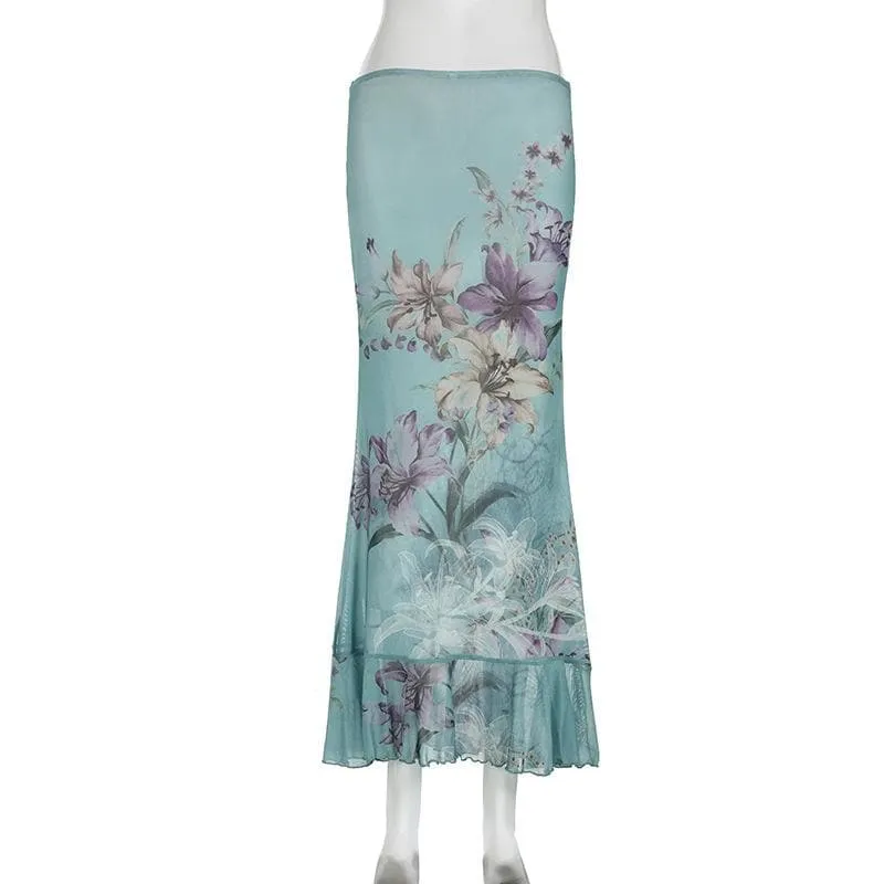 Ruched ruffle cowl neck  flower print mesh maxi skirt set