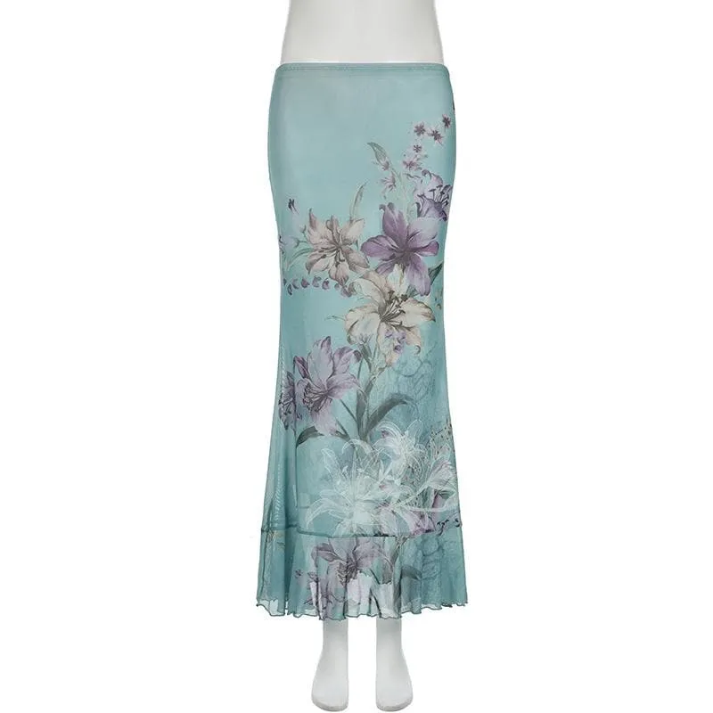 Ruched ruffle cowl neck  flower print mesh maxi skirt set