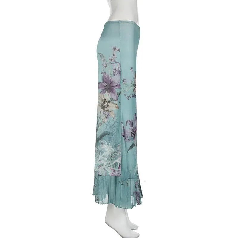 Ruched ruffle cowl neck  flower print mesh maxi skirt set