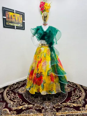 Ruffle Style Green With Yellow Color Organza Lehenga Choli