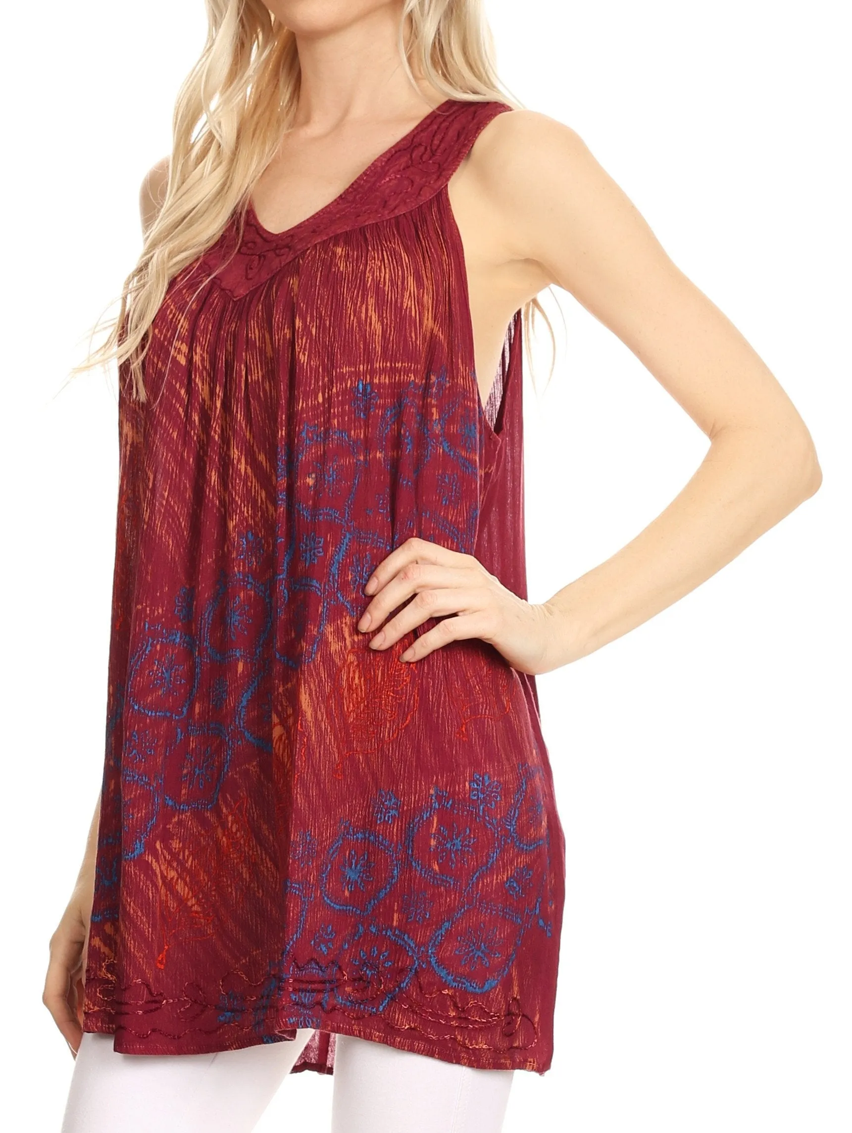 Sakkas Lea V-neck Crinkle Sleeveless embroidered  Tank top