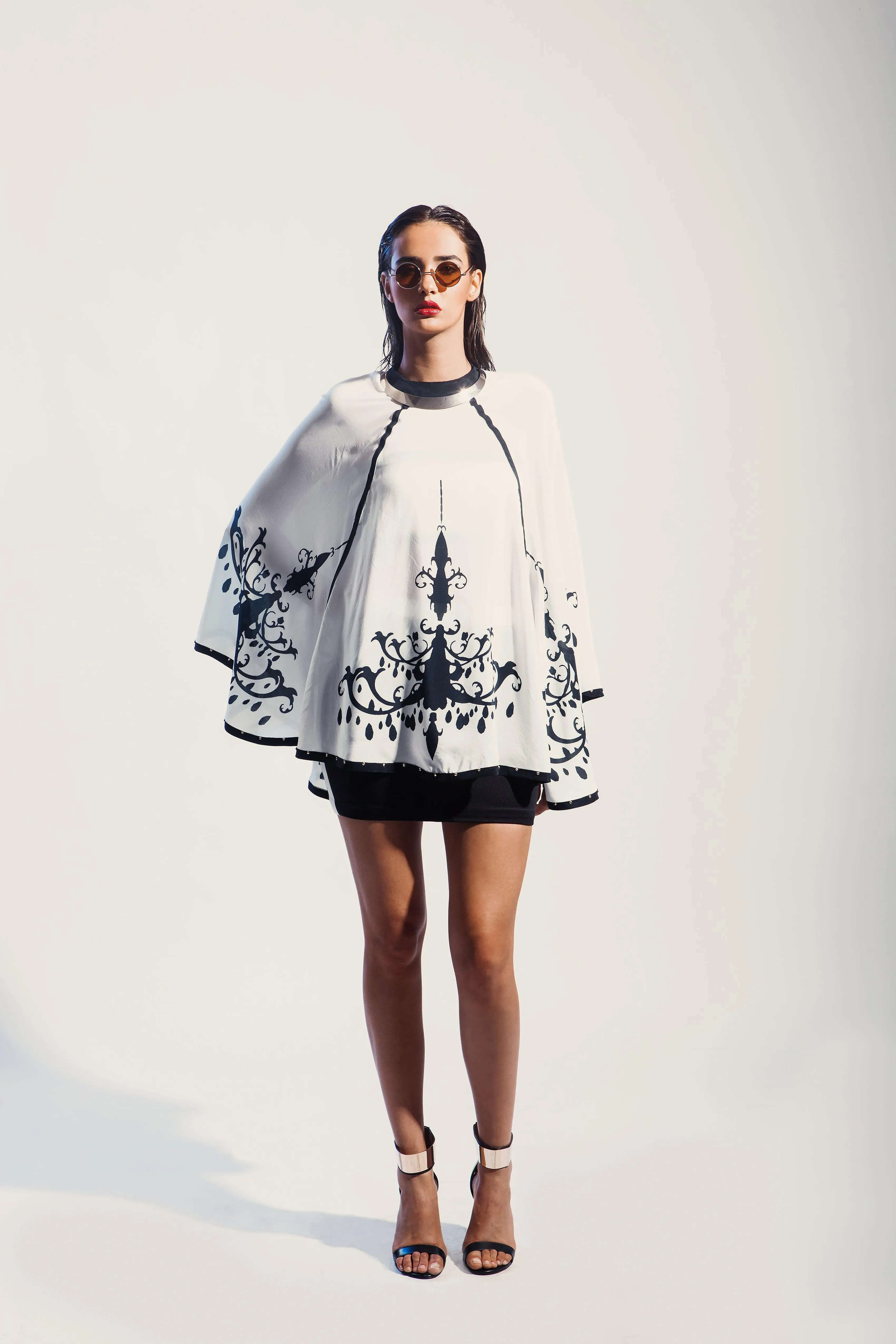 Silk Crepe Chandelier Print Monochrome Cape