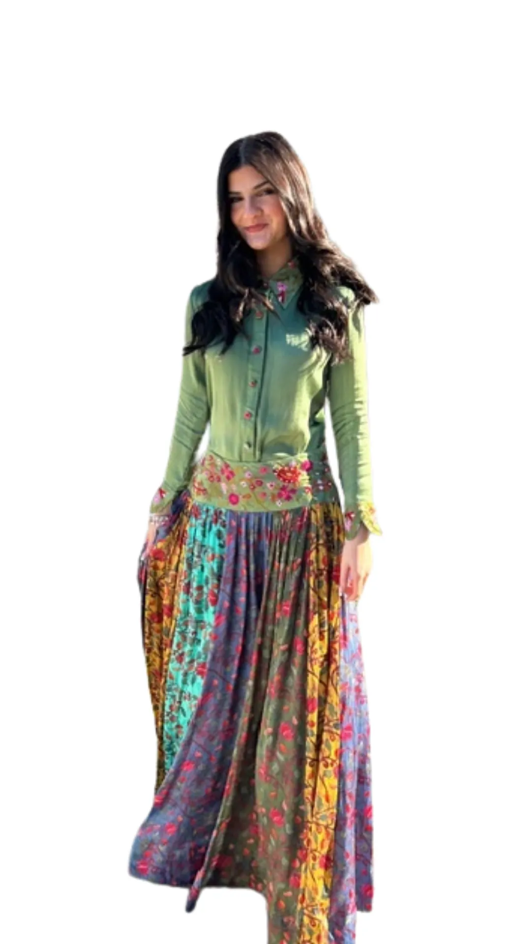 Silk Designer Green Crop Top Skirt - Rent