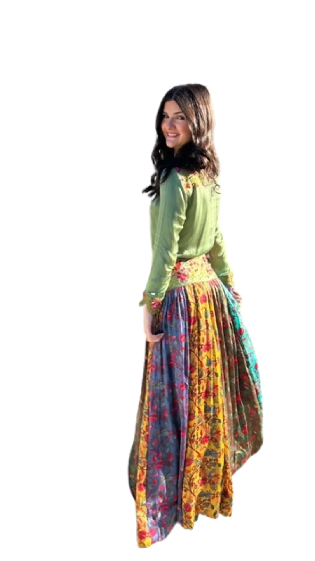 Silk Designer Green Crop Top Skirt - Rent