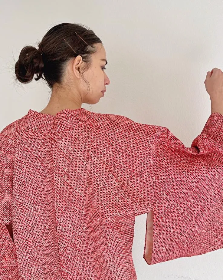 Simple Black and Red Kanoko Shibori Haori Kimono Jacket