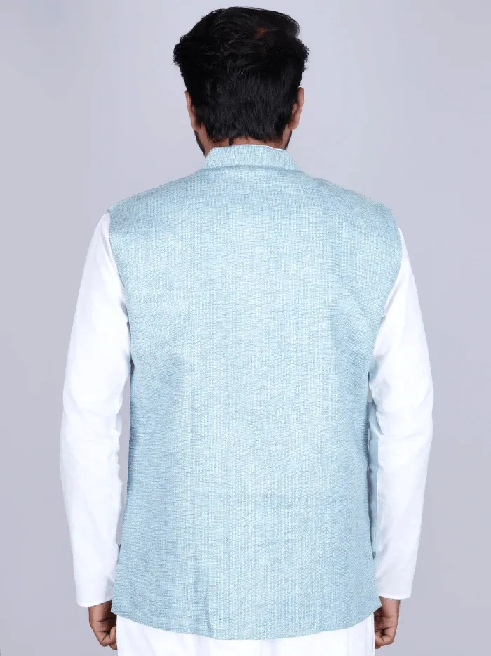 Sky Blue & White Handwoven Cotton Modi Jacket