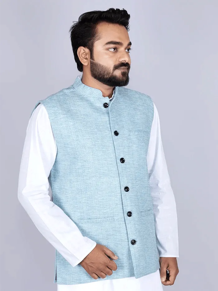 Sky Blue & White Handwoven Cotton Modi Jacket